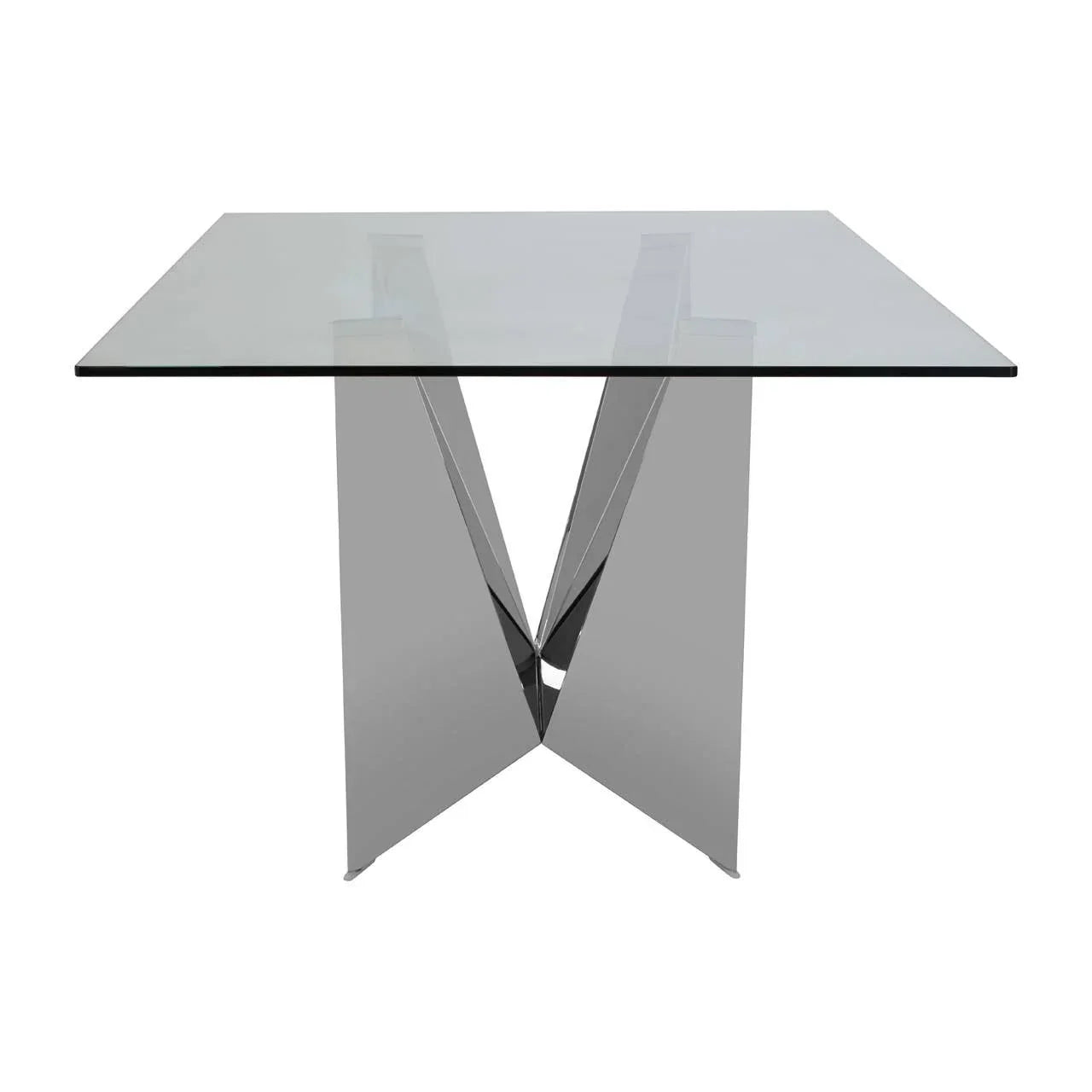 Square glass dining table with chrome V-shaped metal base, modern style
