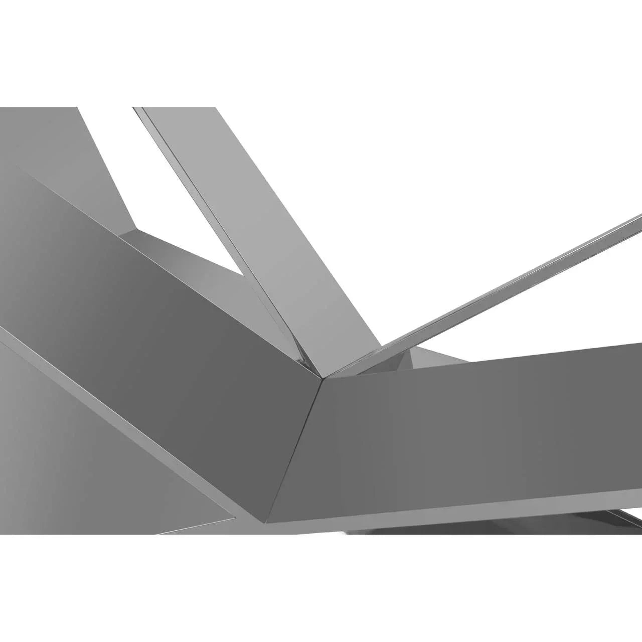 Close-up of chrome dining table base with geometric metal design