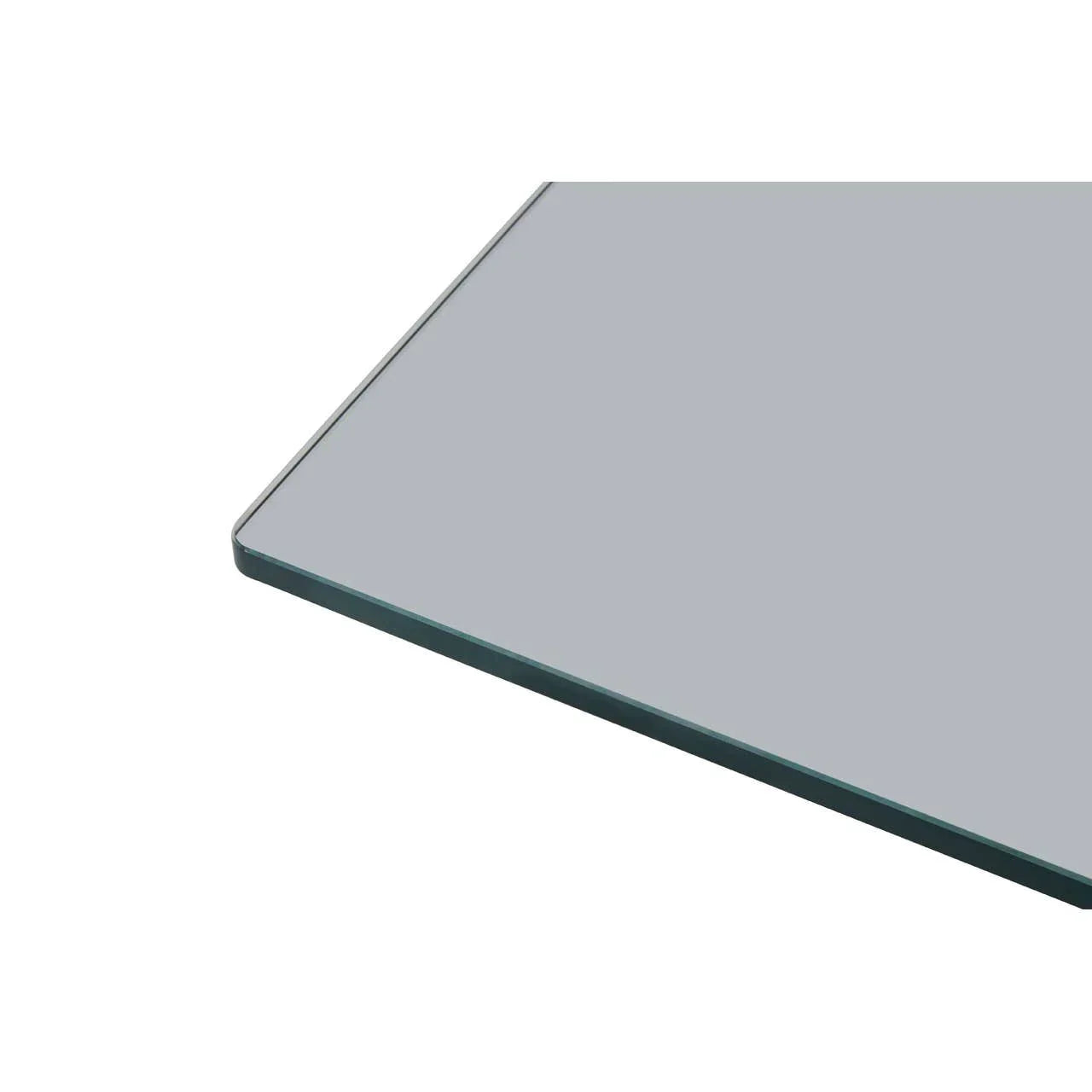 Clear glass tabletop corner with polished edge shown against white background