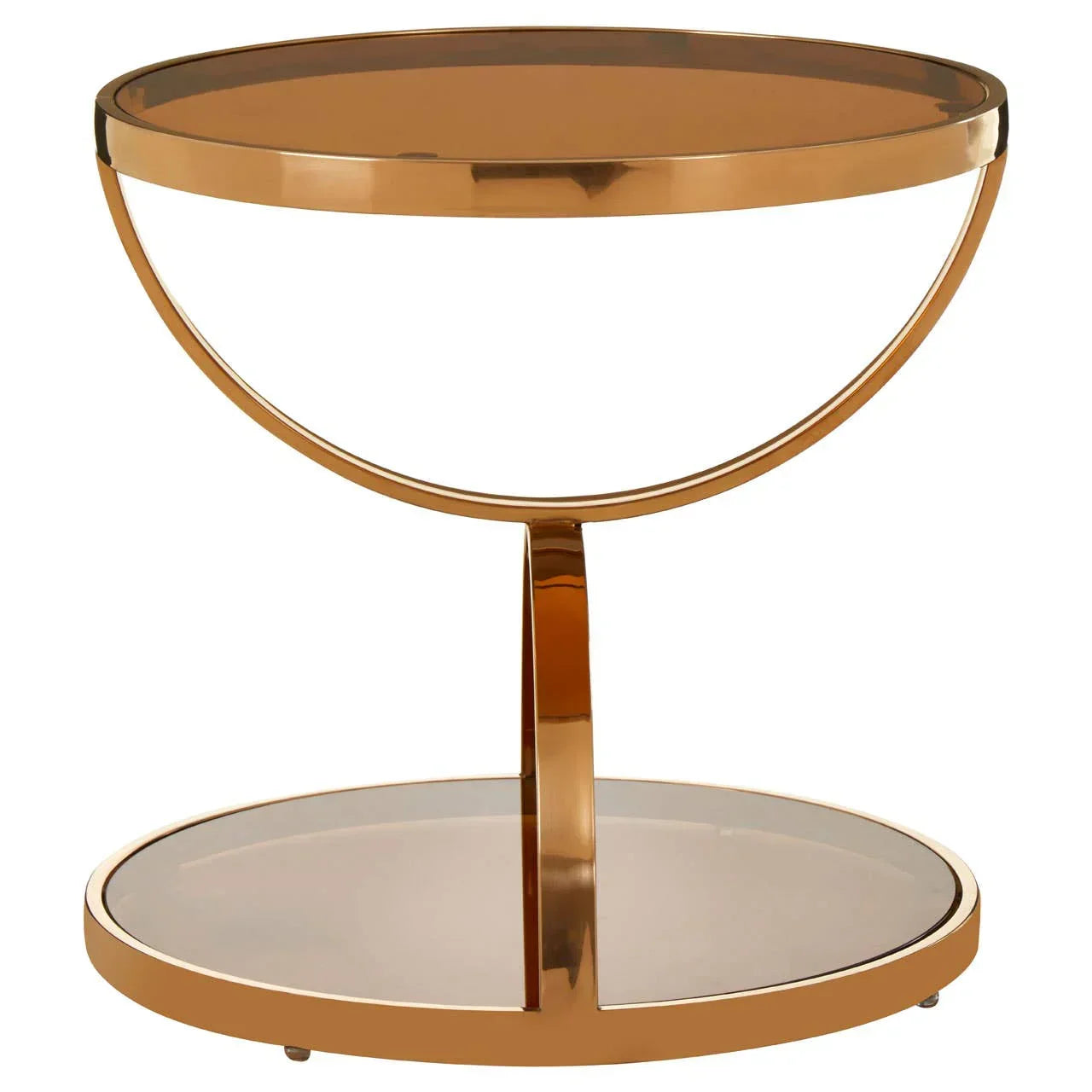 Round gold side table with smoked glass top and shelf, modern accent furniture