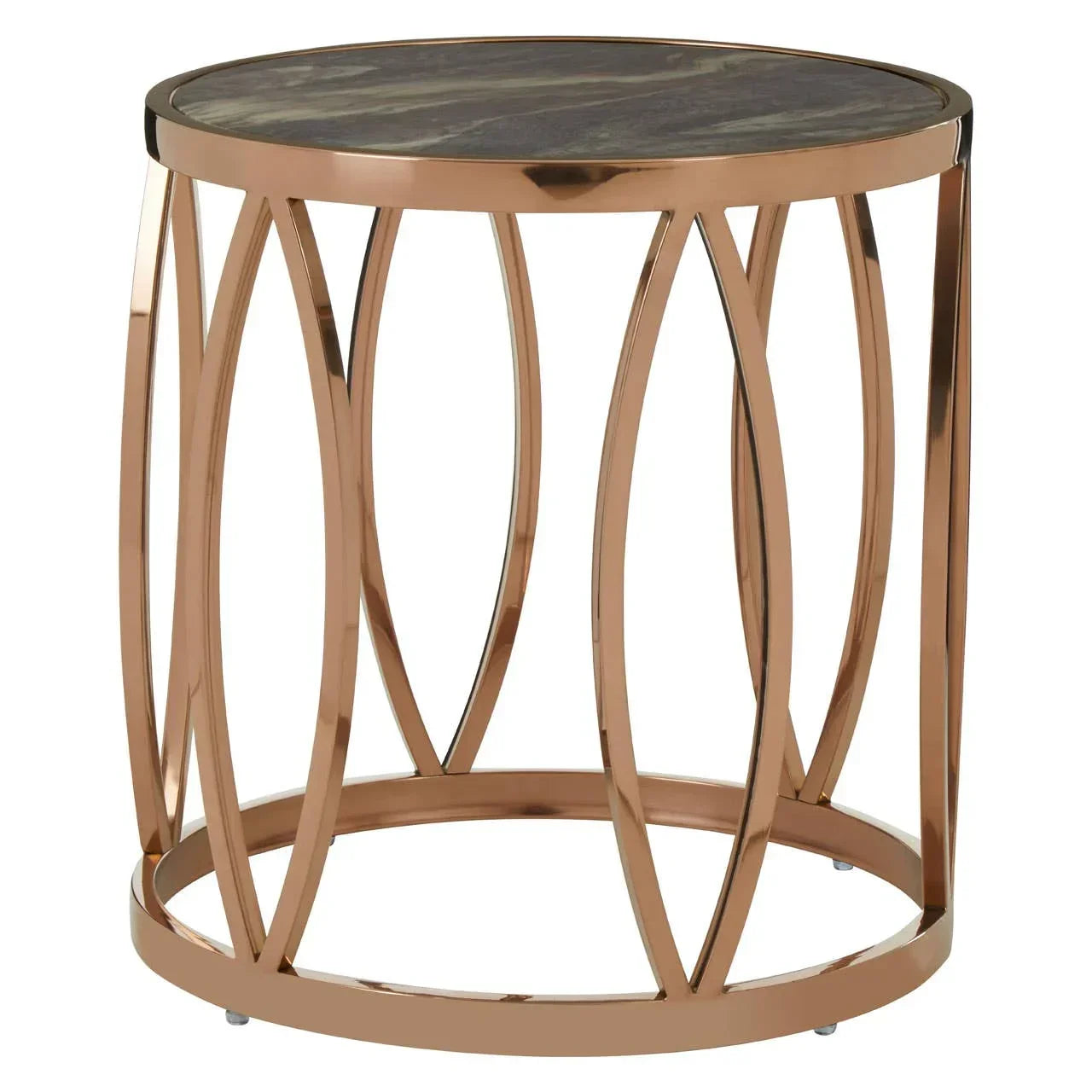 Round marble top side table with rose gold metal base and geometric frame design