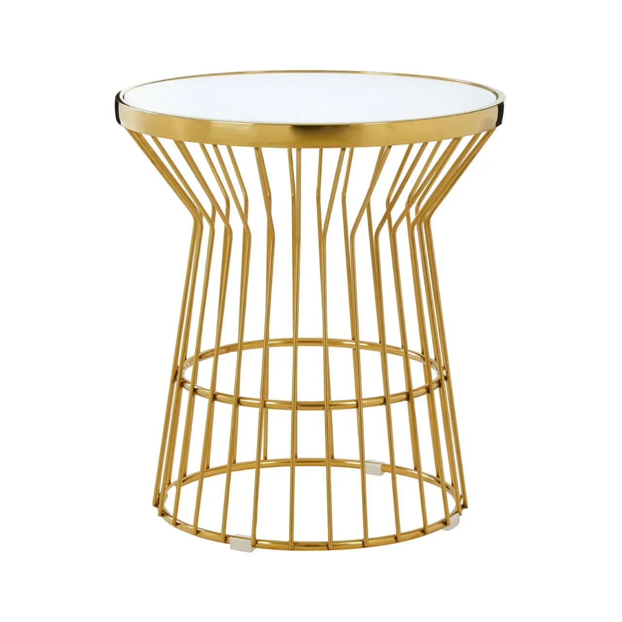 Round gold metal side table with glass top and open wire frame design