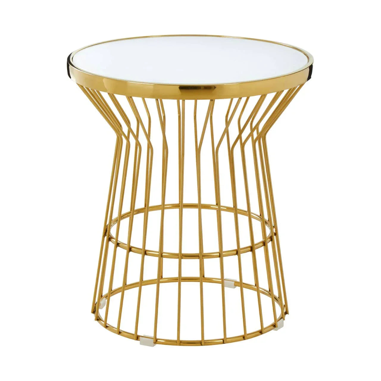 Round gold metal side table with white glass top and open wire frame design