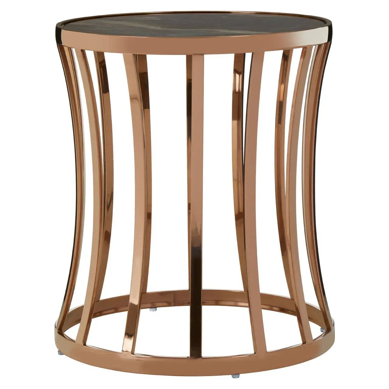 Round metal accent table with bronze finish and glass top