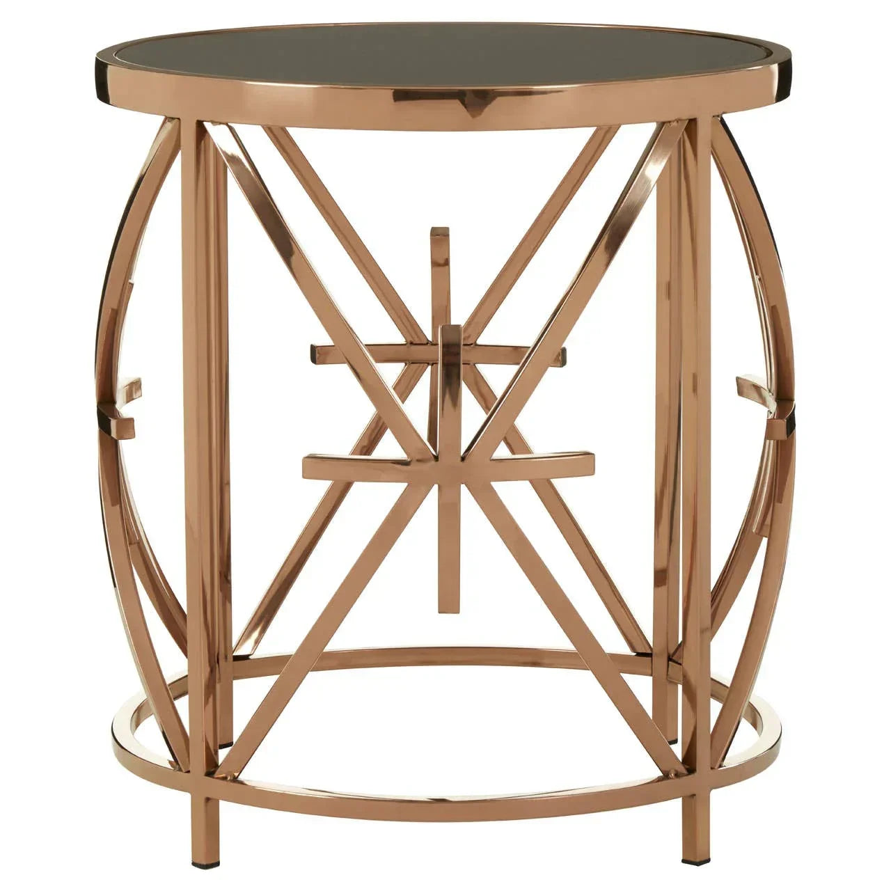 Round bronze metal side table with geometric frame and black glass top