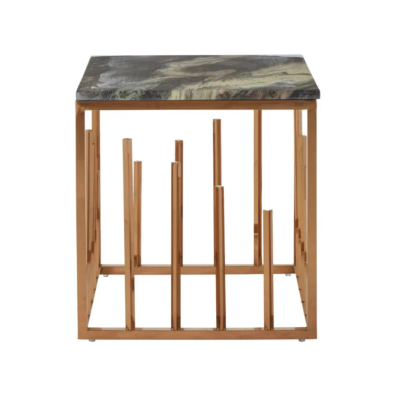 Square side table with green marble top and gold metal frame