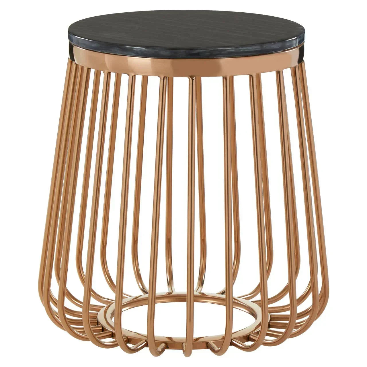 Round side table with black marble top and gold metal wire base