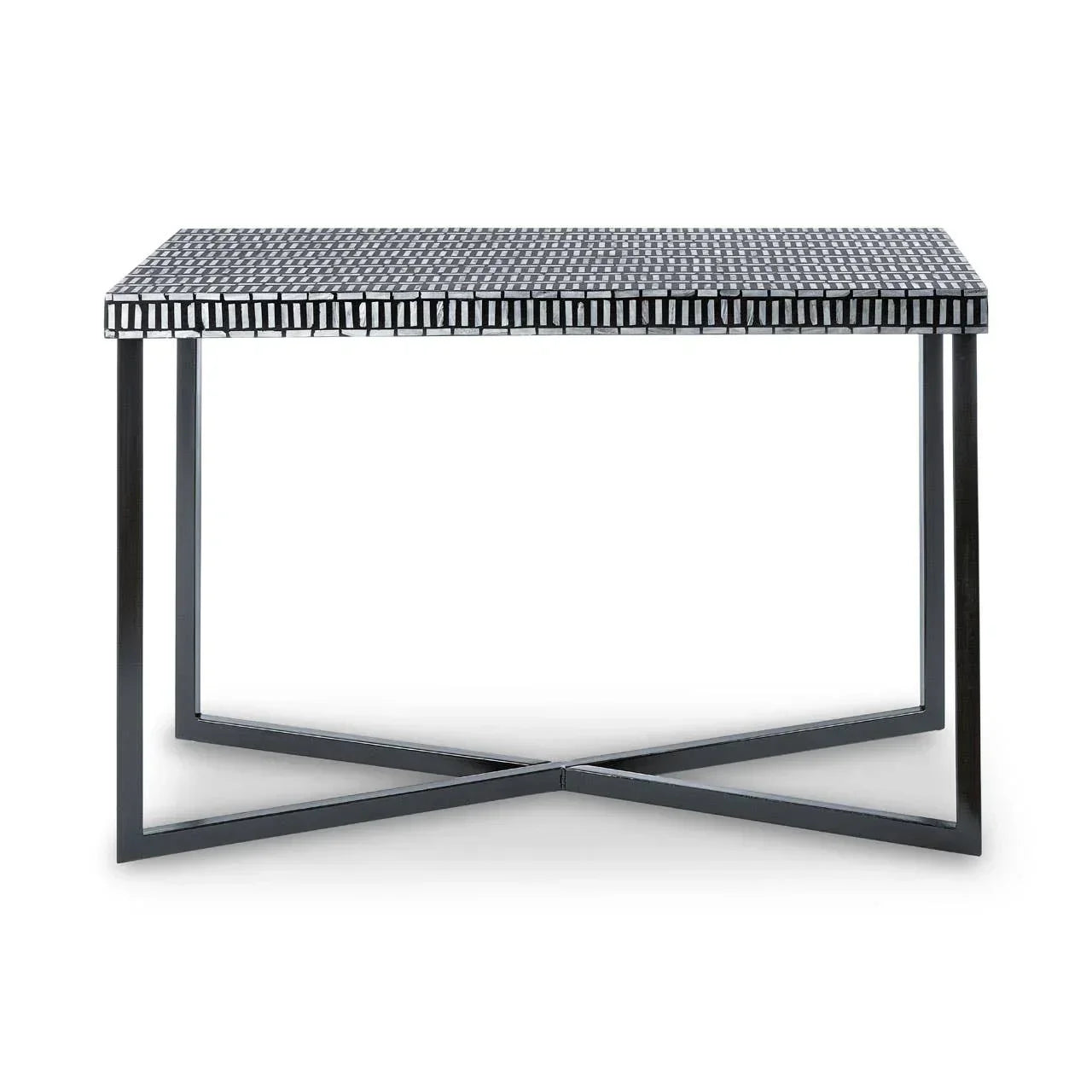 Rectangular coffee table with patterned black top and metal cross-frame legs