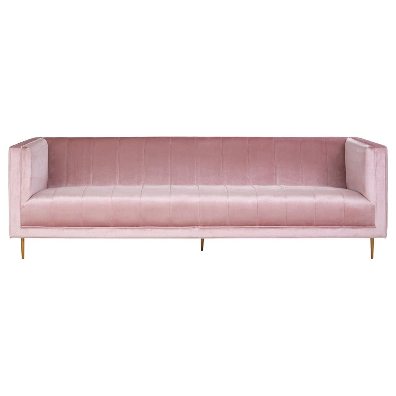 A three-seat sofa upholstered in soft pink fabric, featuring a minimalist design with clean lines and no visible armrests. The sofa is supported by sleek, golden metal legs, adding a modern touch to its overall aesthetic