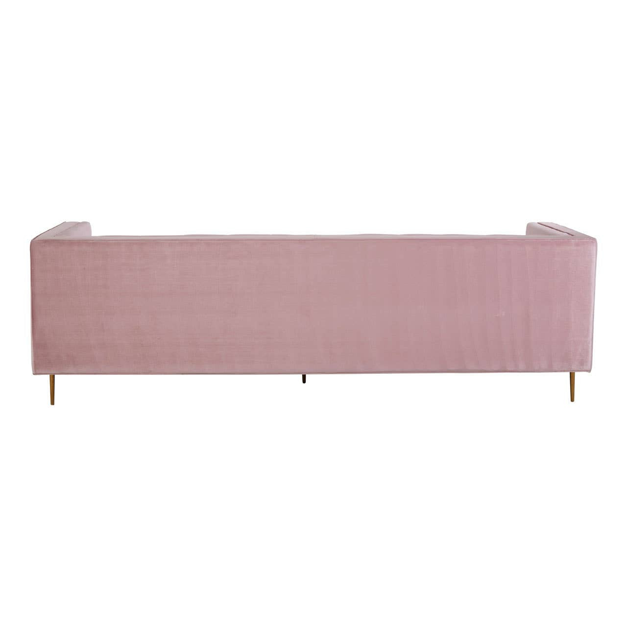 A three-seat sofa upholstered in a soft pink fabric, featuring a minimalist design with clean lines and a low back. The sofa is supported by slender wooden legs, adding a touch of elegance to its overall appearance