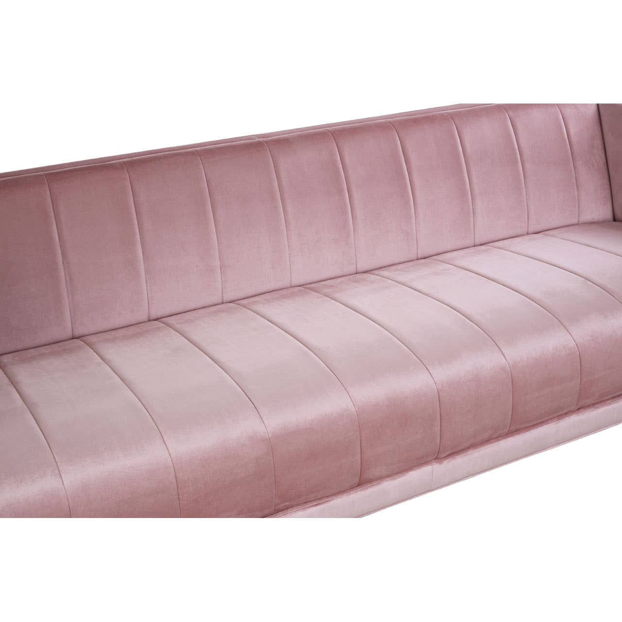 A pink three-seat sofa with a smooth, textured fabric featuring vertical stitching along the backrest and seat cushions, showcasing a modern and stylish design