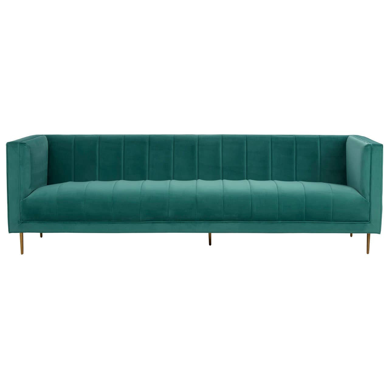 Three-seat sofa upholstered in a rich green fabric, featuring a sleek, modern design with vertical tufting on the backrest. The sofa is supported by slender, gold-colored metal legs, adding an elegant touch to its contemporary style