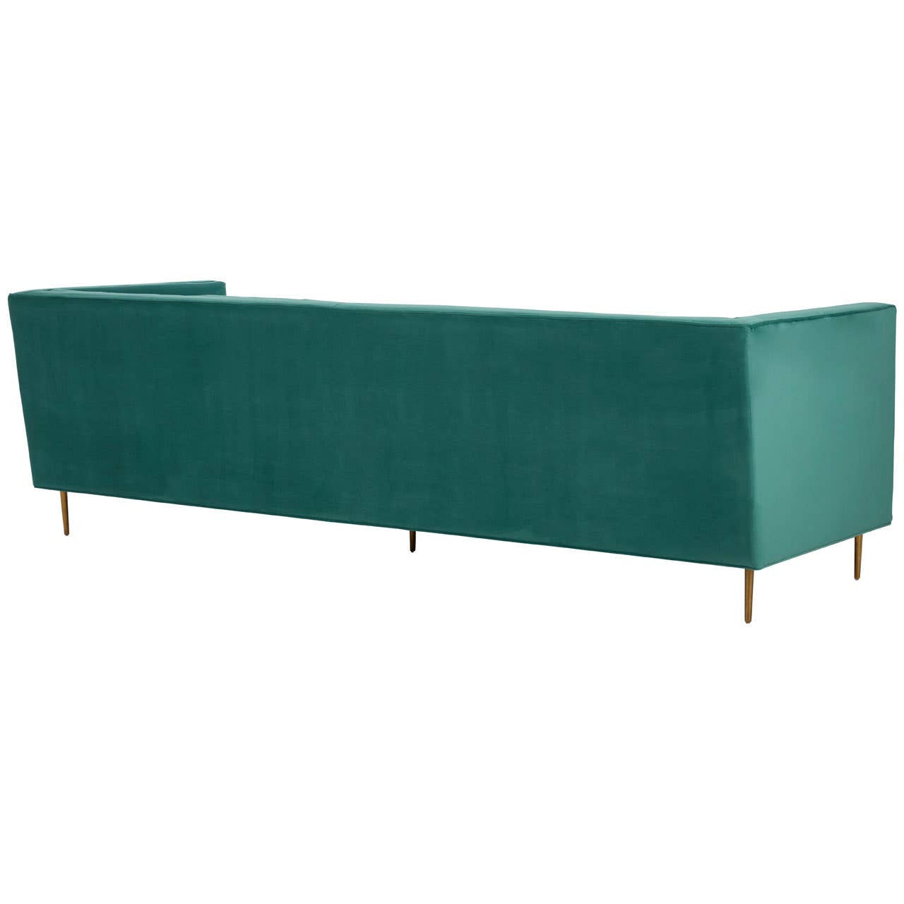 Three-seat green sofa with a sleek, modern design, featuring a rectangular shape and tapered gold legs. The upholstery has a soft texture, and the overall color is a rich, deep green, adding a touch of elegance to any living space