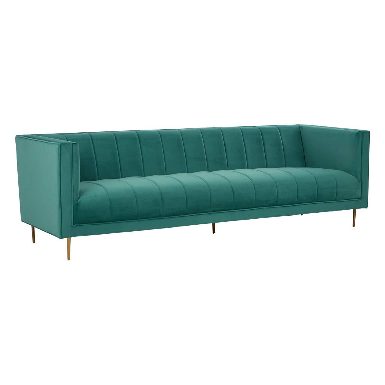 Three-seat sofa upholstered in a rich green fabric with a smooth, tufted design. The sofa features a sleek, modern silhouette with straight lines and minimalistic armrests. It is supported by slender, gold-colored metal legs, adding a touch of elegance to the overall look