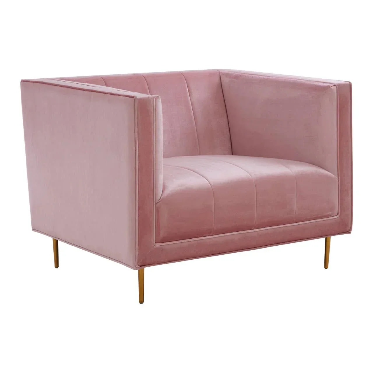 Pink velvet armchair with gold metal legs and modern boxy design