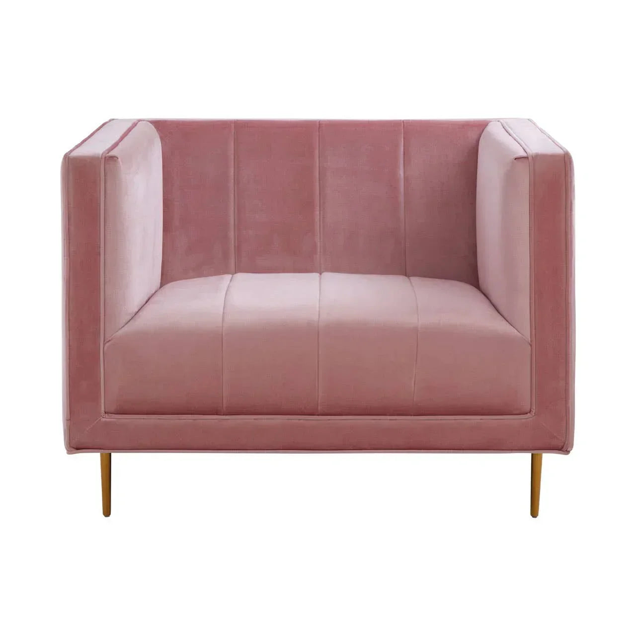 Blush pink velvet armchair with high sides and gold metal legs, front facing view