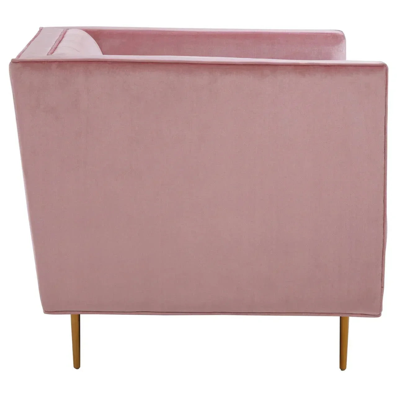 Side view of pink velvet sofa with gold metal legs