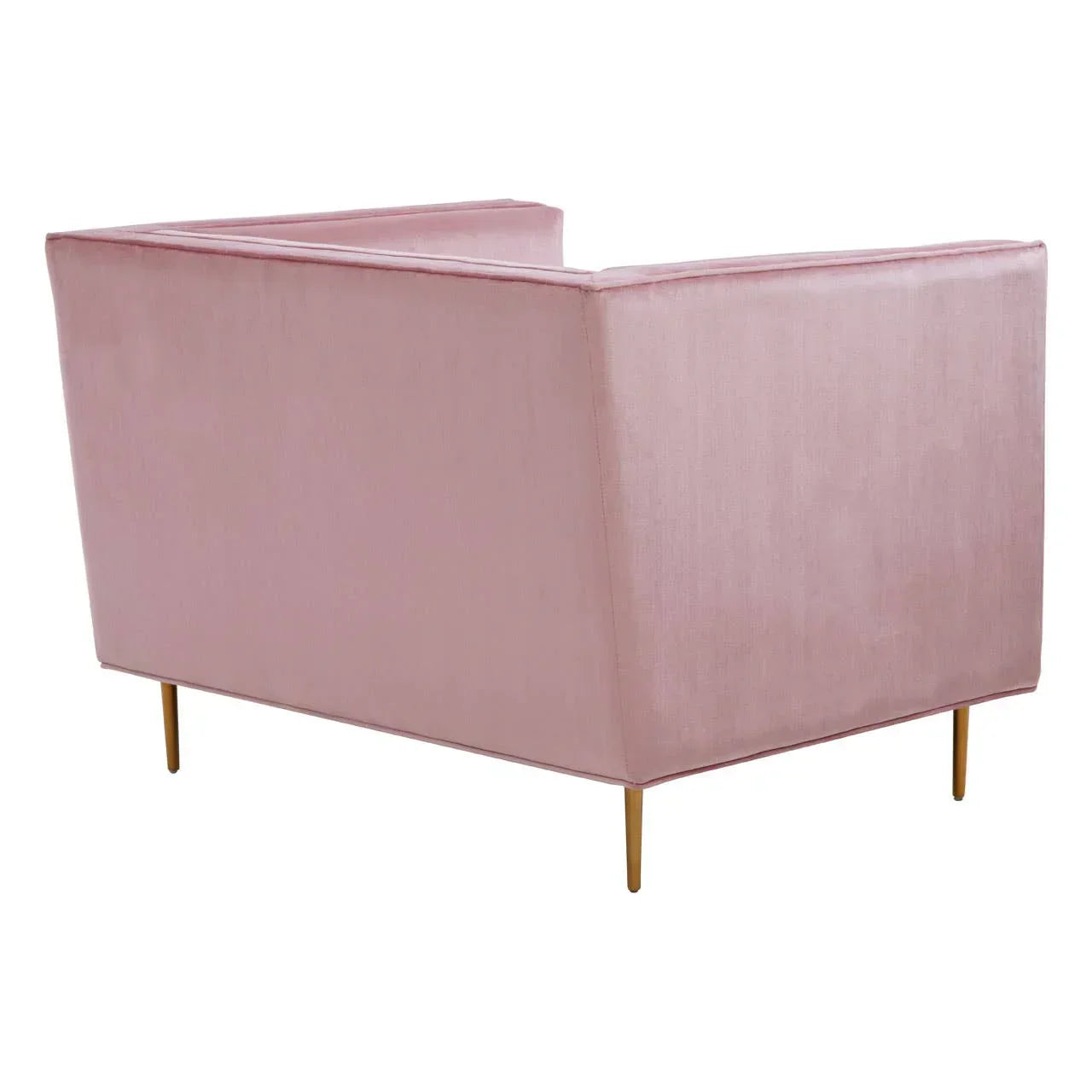 Blush pink velvet sofa with gold metal legs shown from rear angle