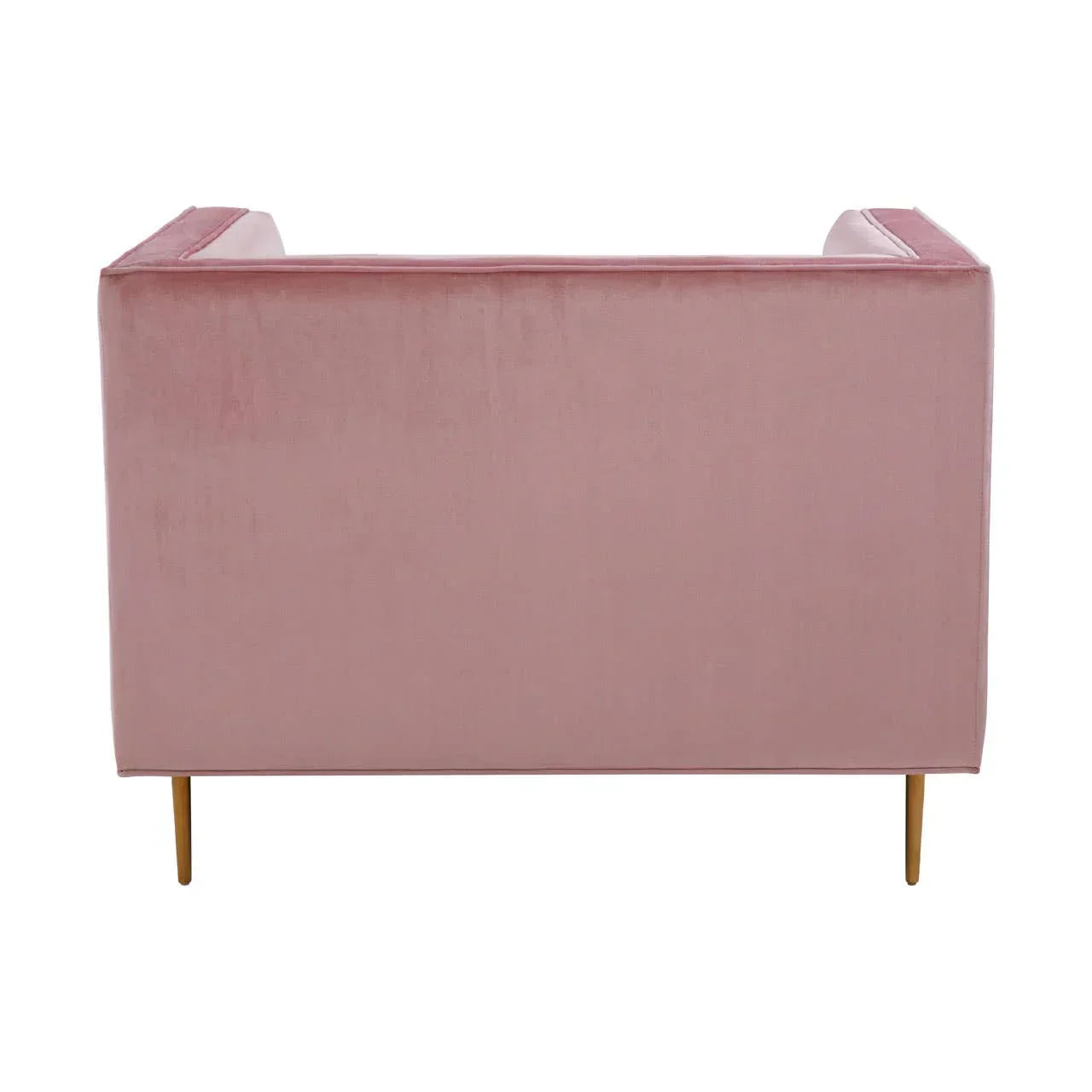 Rear view of pink velvet sofa with gold metal legs