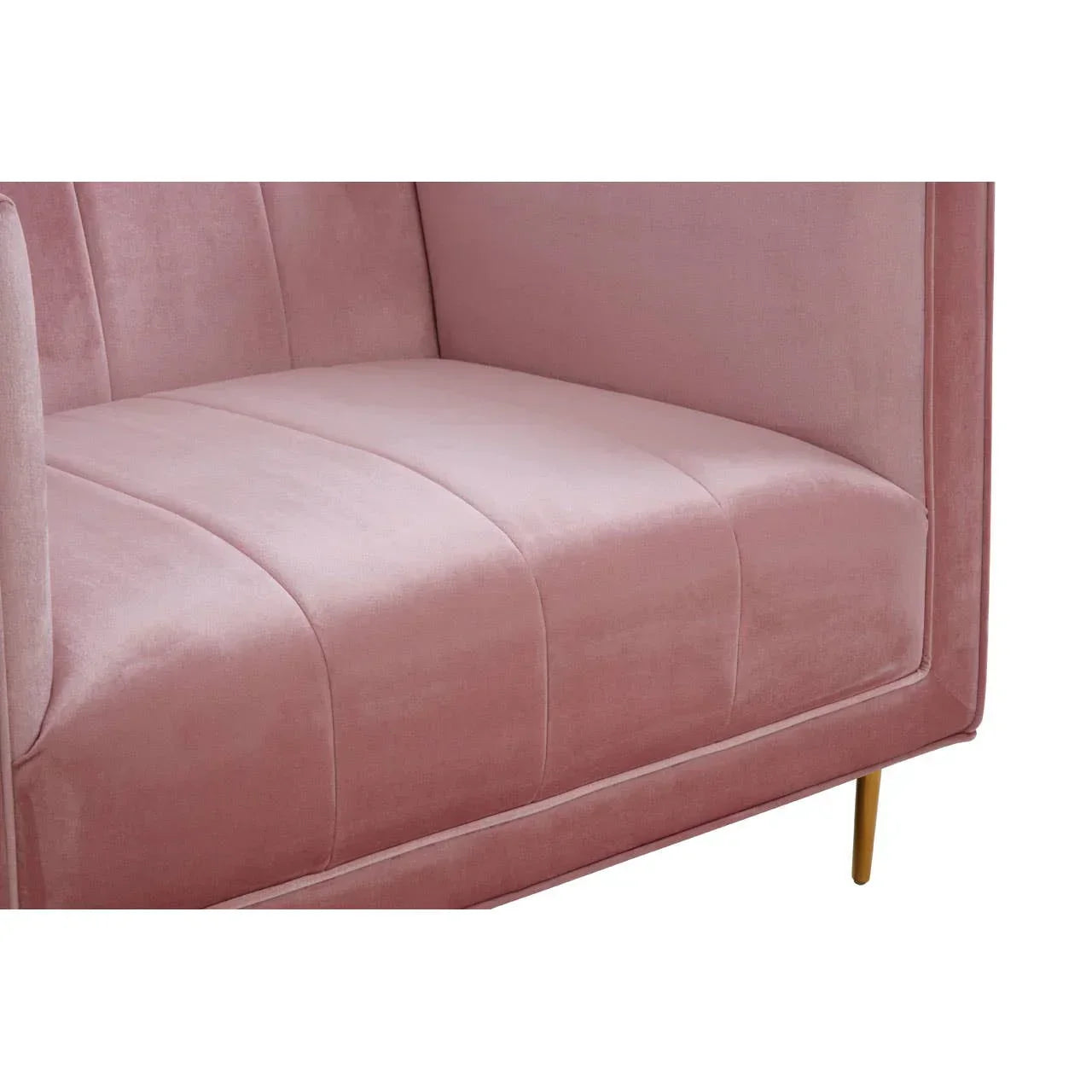 Pink velvet sofa seat with gold metal leg close-up