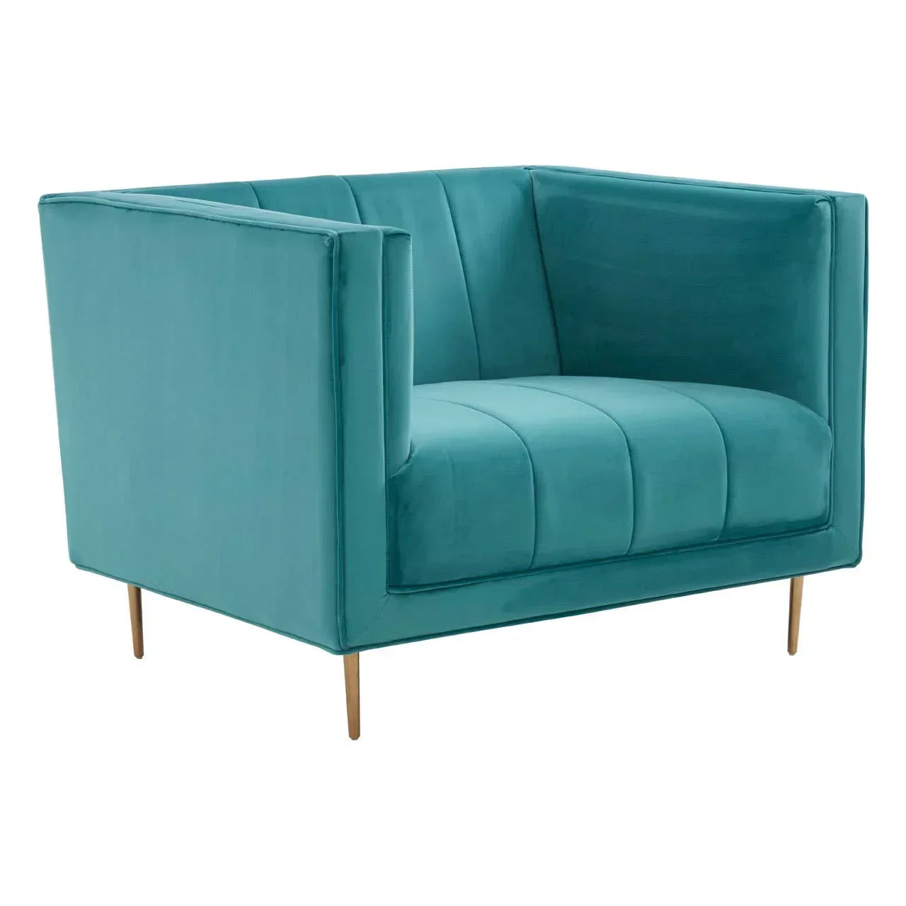 Teal velvet armchair with vertical stitching and slim gold metal legs, angled front view