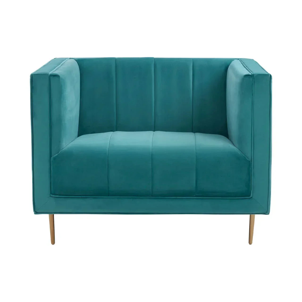 Teal velvet armchair with deep seat, square arms, and gold legs, front view