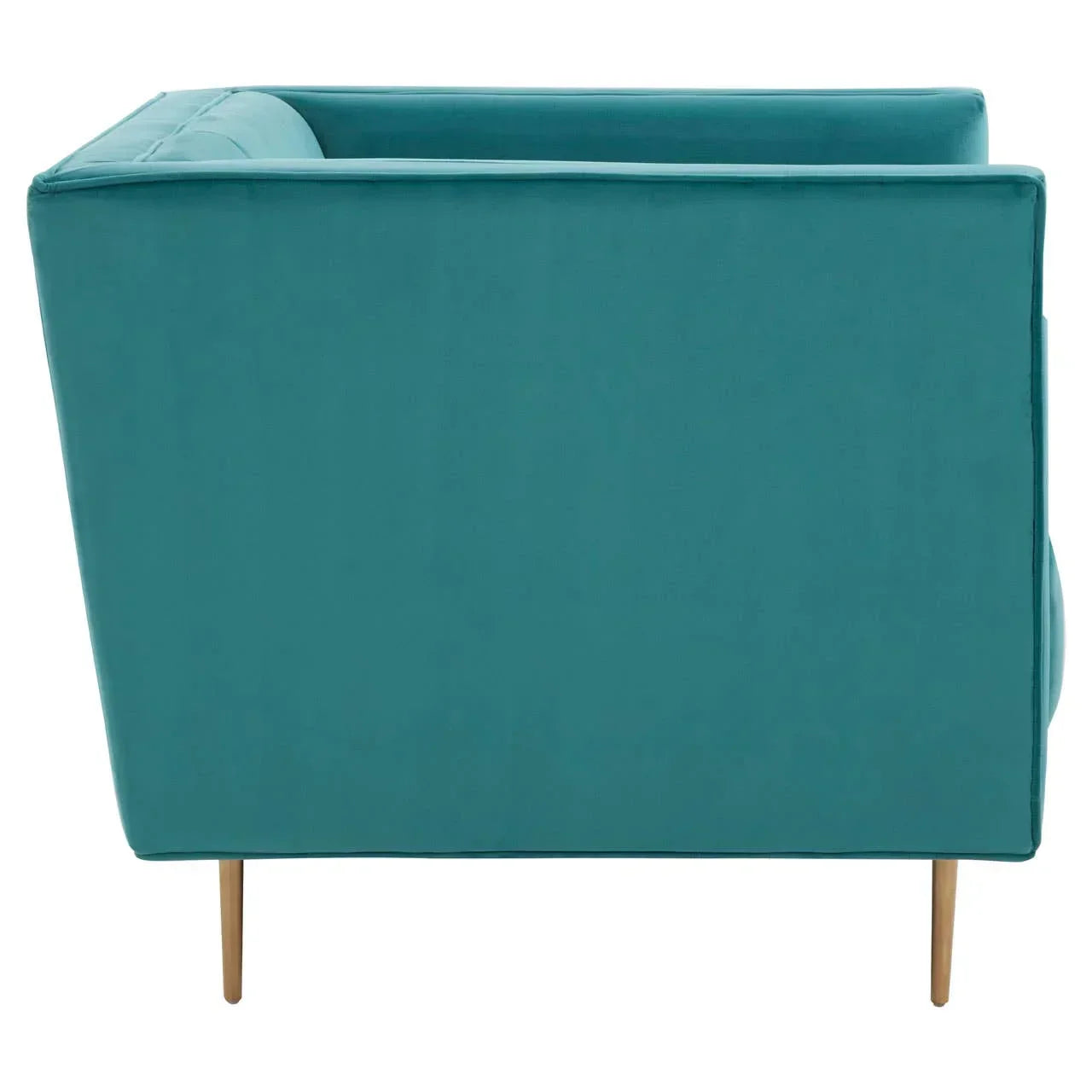 Side view of teal velvet armchair with gold metal legs