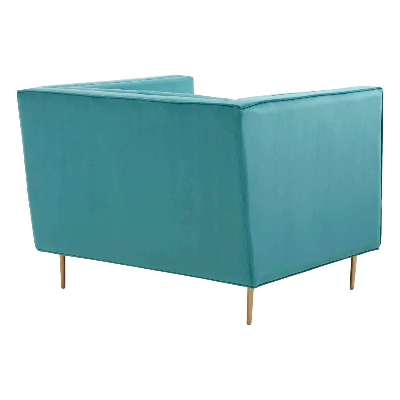 Teal velvet armchair with gold metal legs, rear side angle view