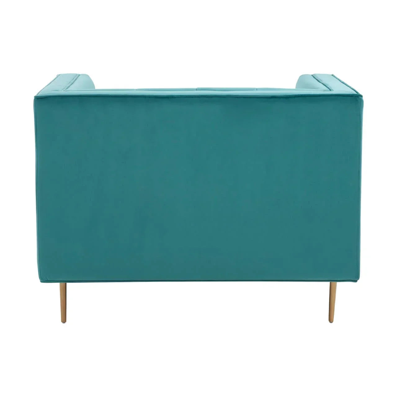 Teal velvet sofa rear view with gold metal legs