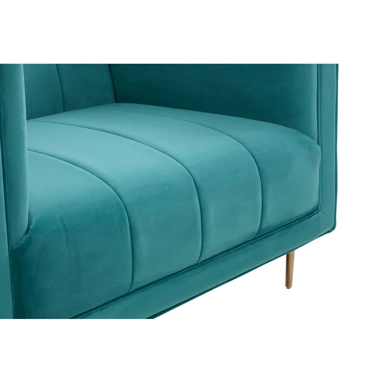Teal velvet sofa seat with vertical stitching and slim gold metal legs, close-up view