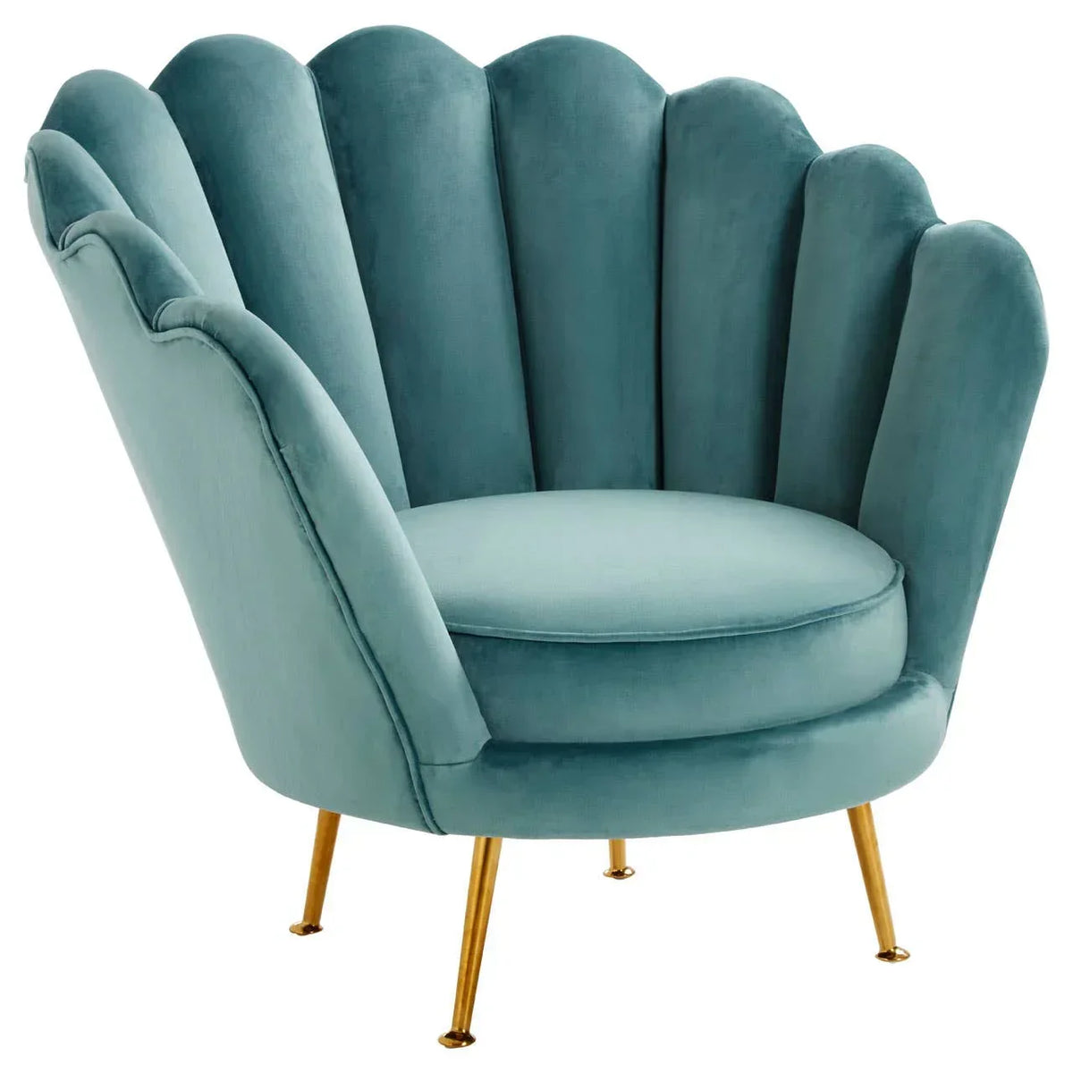 Blue velvet accent chair with scalloped backrest and gold metal legs, angled front view