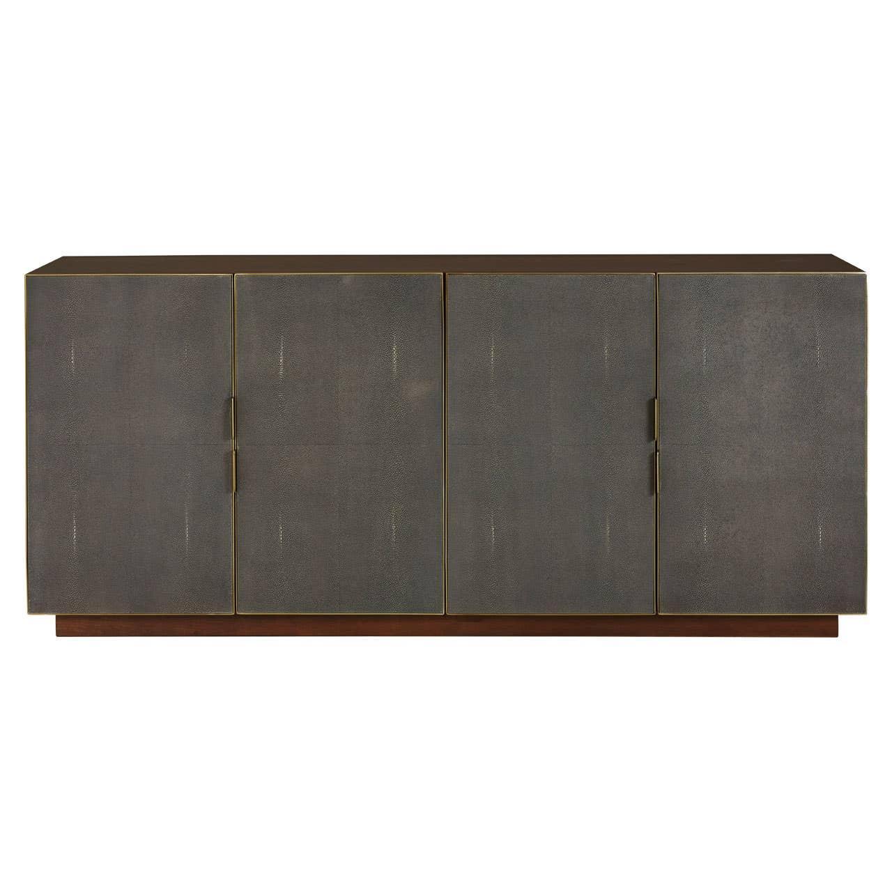 Dark wood sideboard with four textured doors and brass trim, viewed from the front