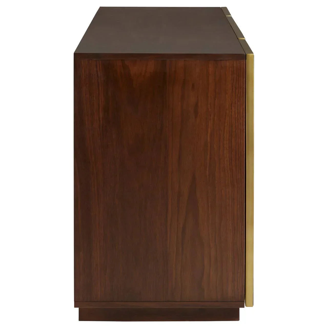Side view of dark wood cabinet with brass trim detail