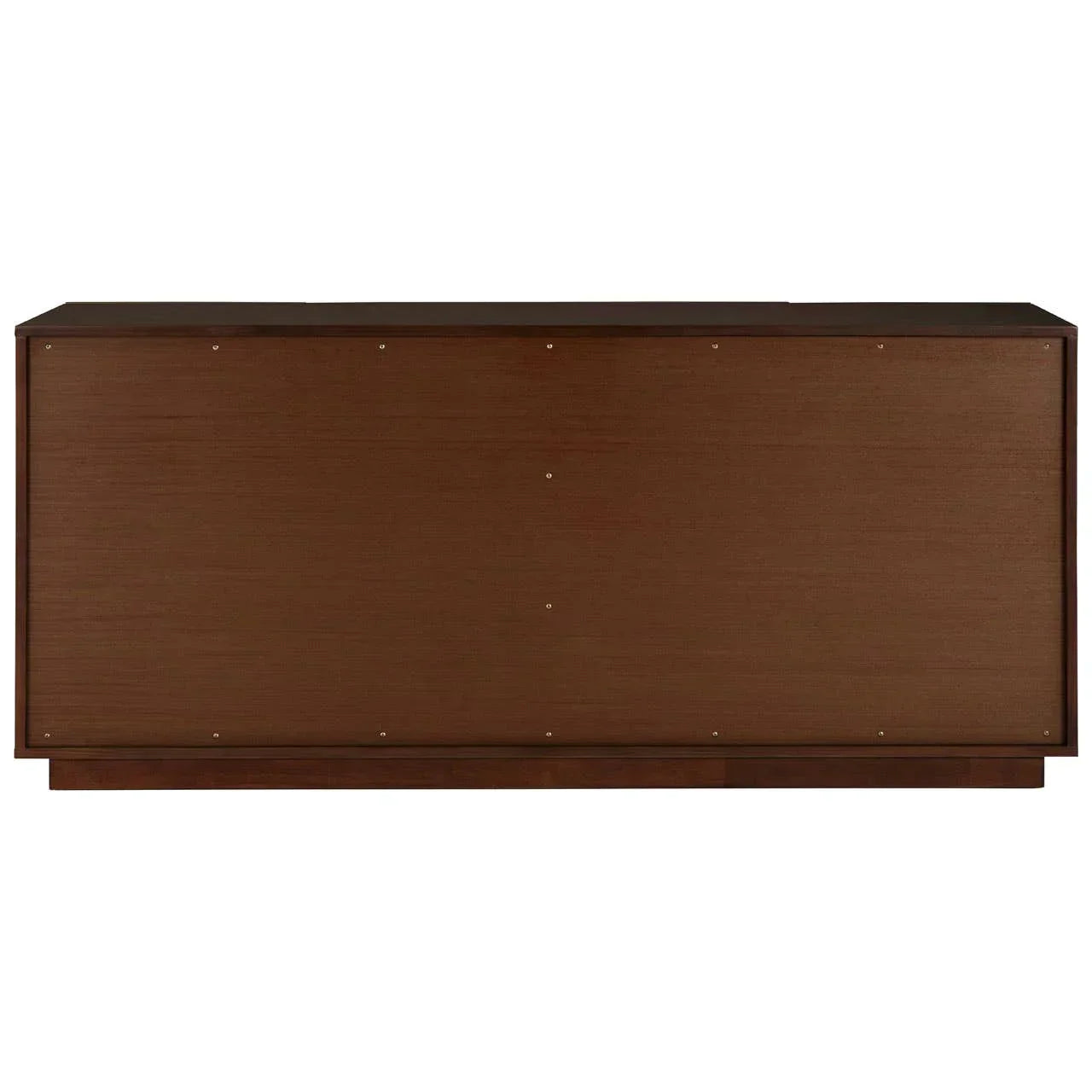 Back panel view of wooden sideboard with dark brown finish and visible hardware