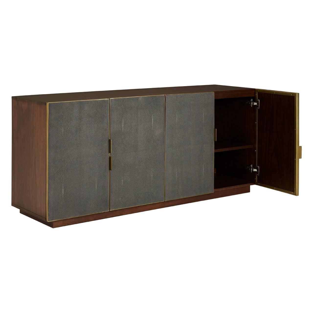 Modern sideboard cabinet with four grey panel doors, gold trim, and one door open showing shelves