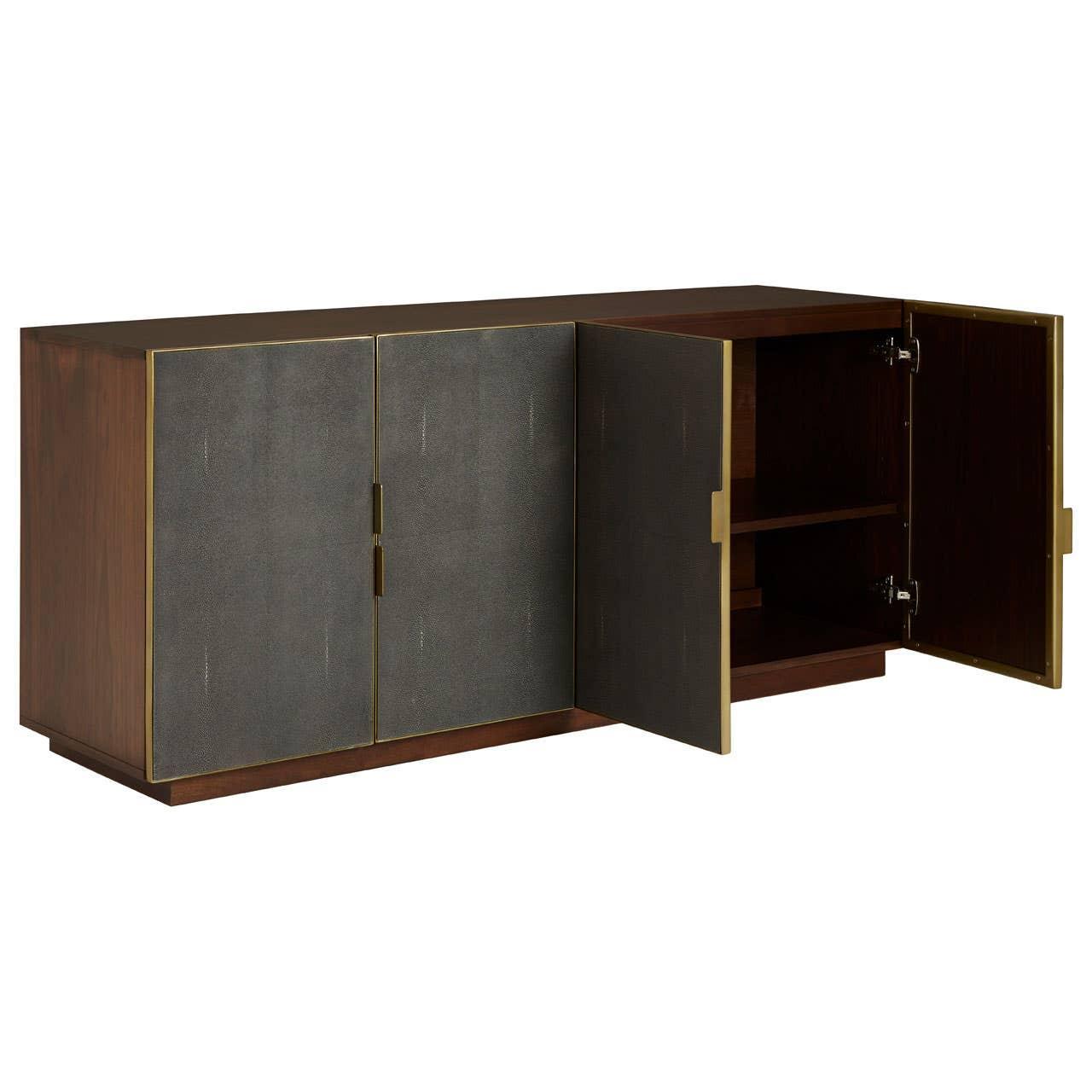 Modern sideboard cabinet with dark wood finish, gold trim, and open storage shelves