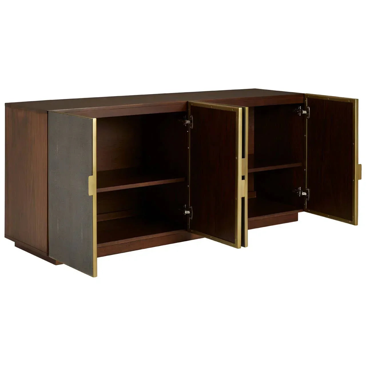 Walnut sideboard with open doors, brass accents, and interior shelving