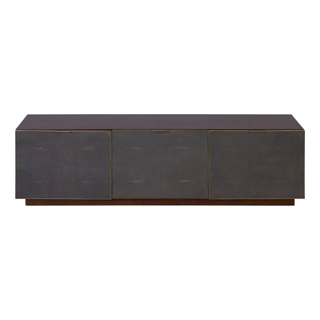 Dark wood sideboard with three textured grey cabinet doors and low profile design