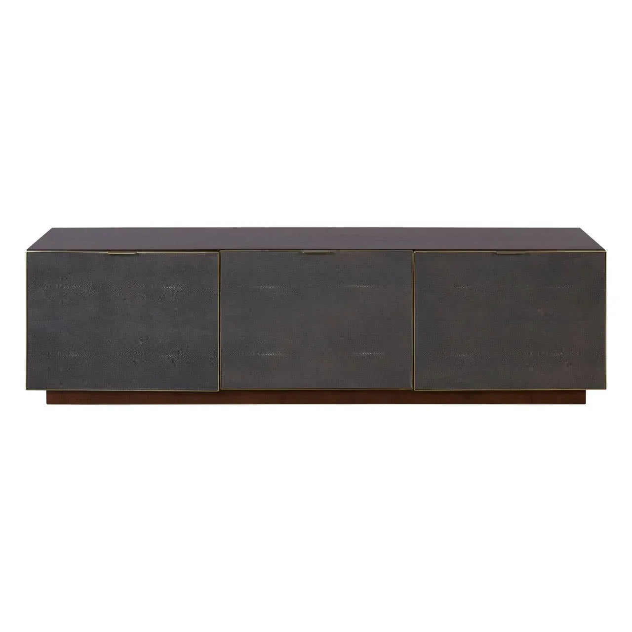 Modern sideboard cabinet with three dark grey doors and a low wooden base