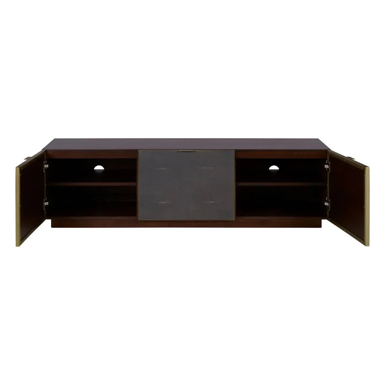Dark wood TV unit with open cabinet doors, central grey panel, interior shelves exposed