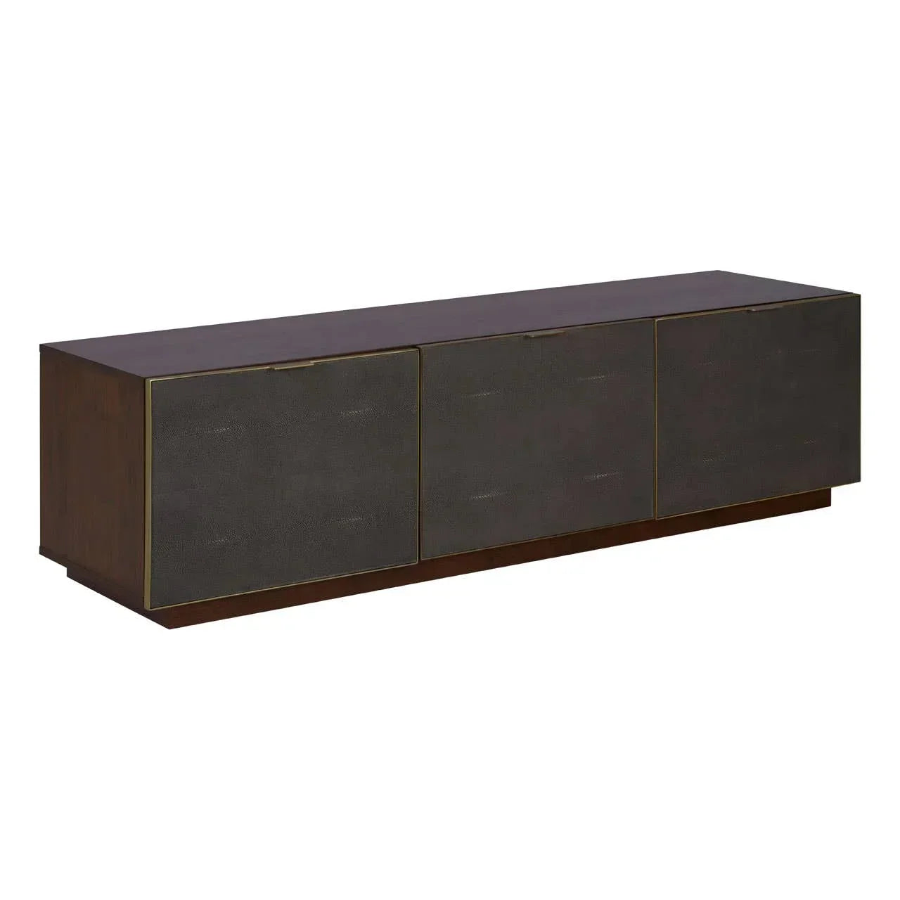 Dark wood sideboard with three textured black doors and gold trim, photographed at an angle