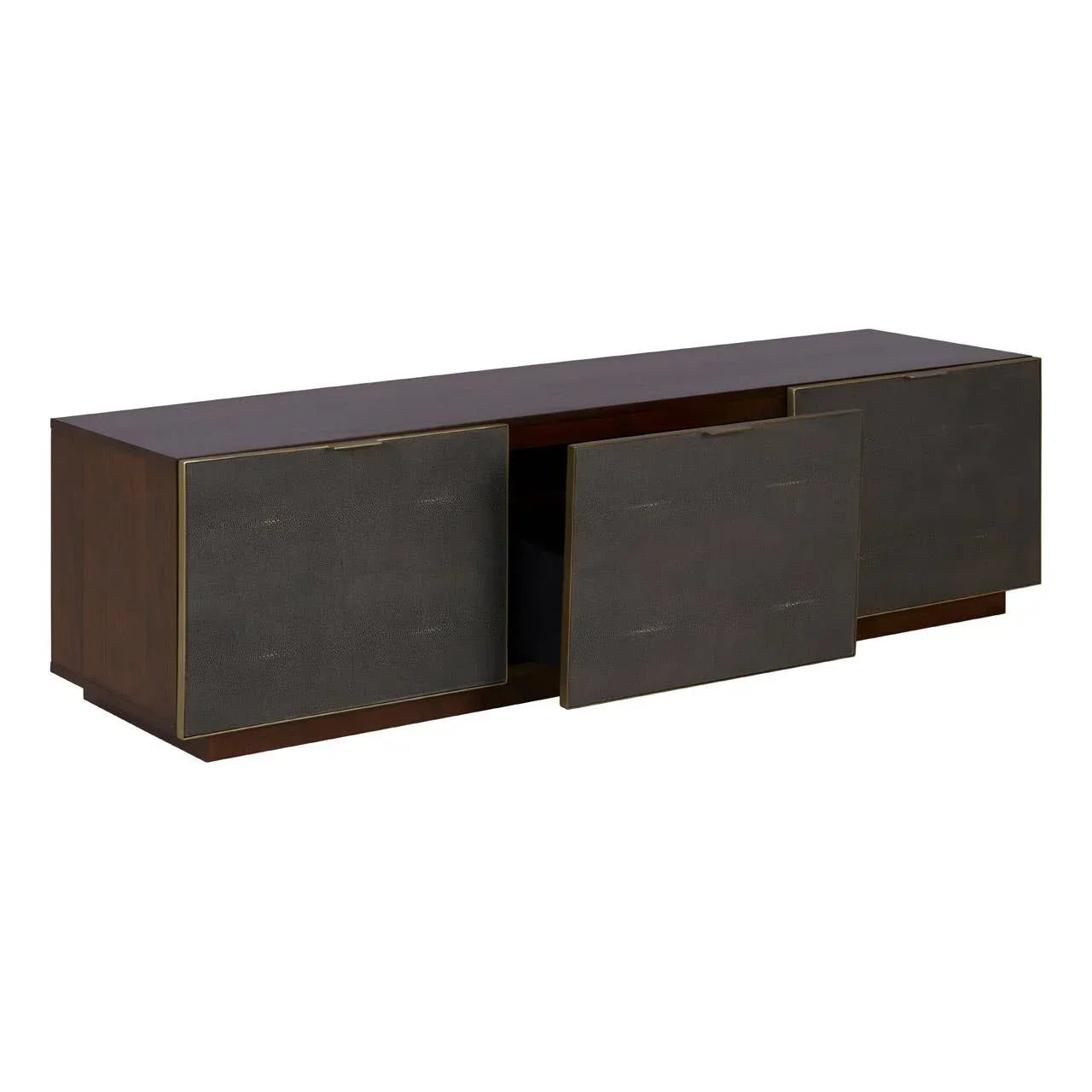 Low wooden TV unit with three textured dark panel doors, one door partially open