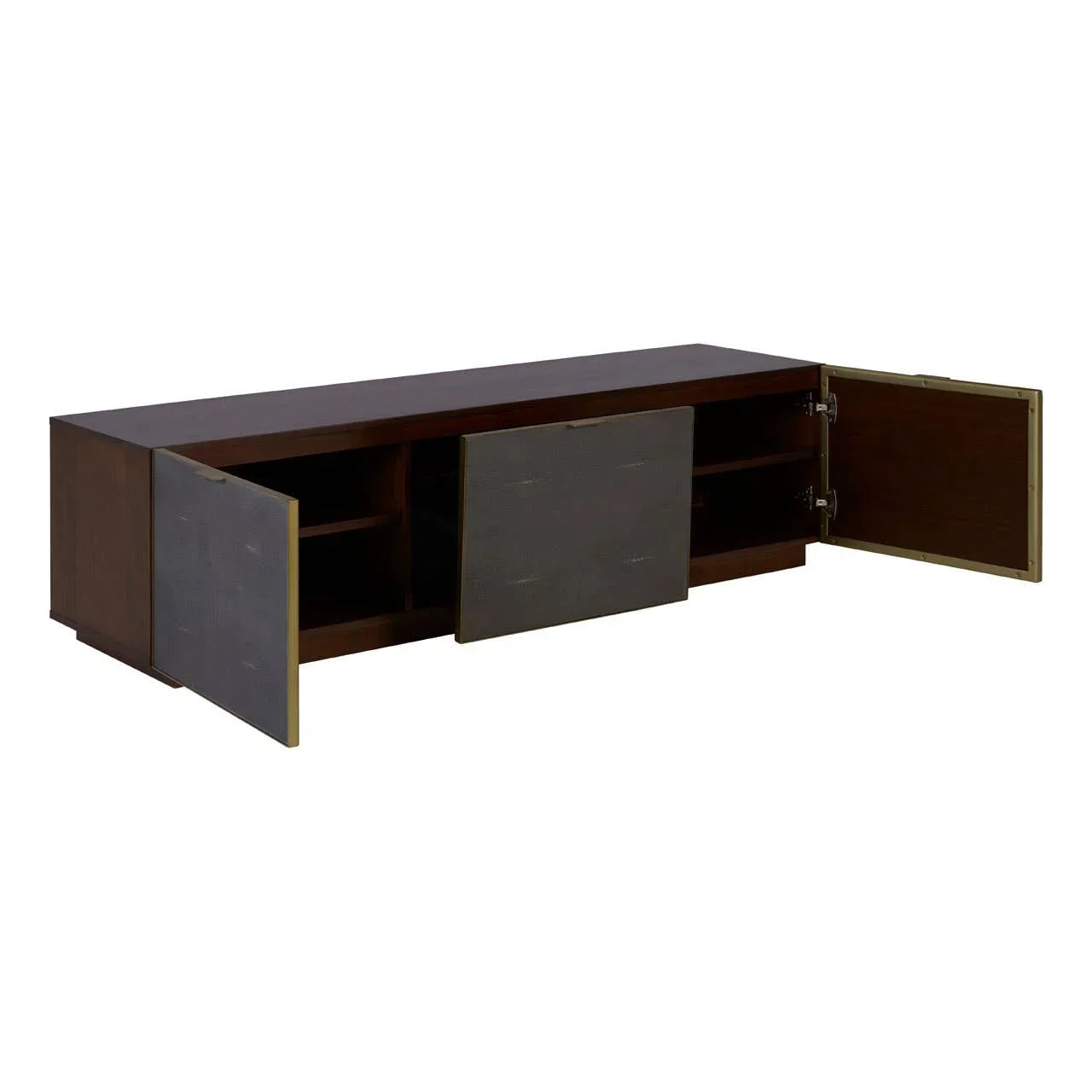 Walnut TV unit with open grey cabinet doors and internal storage shelves