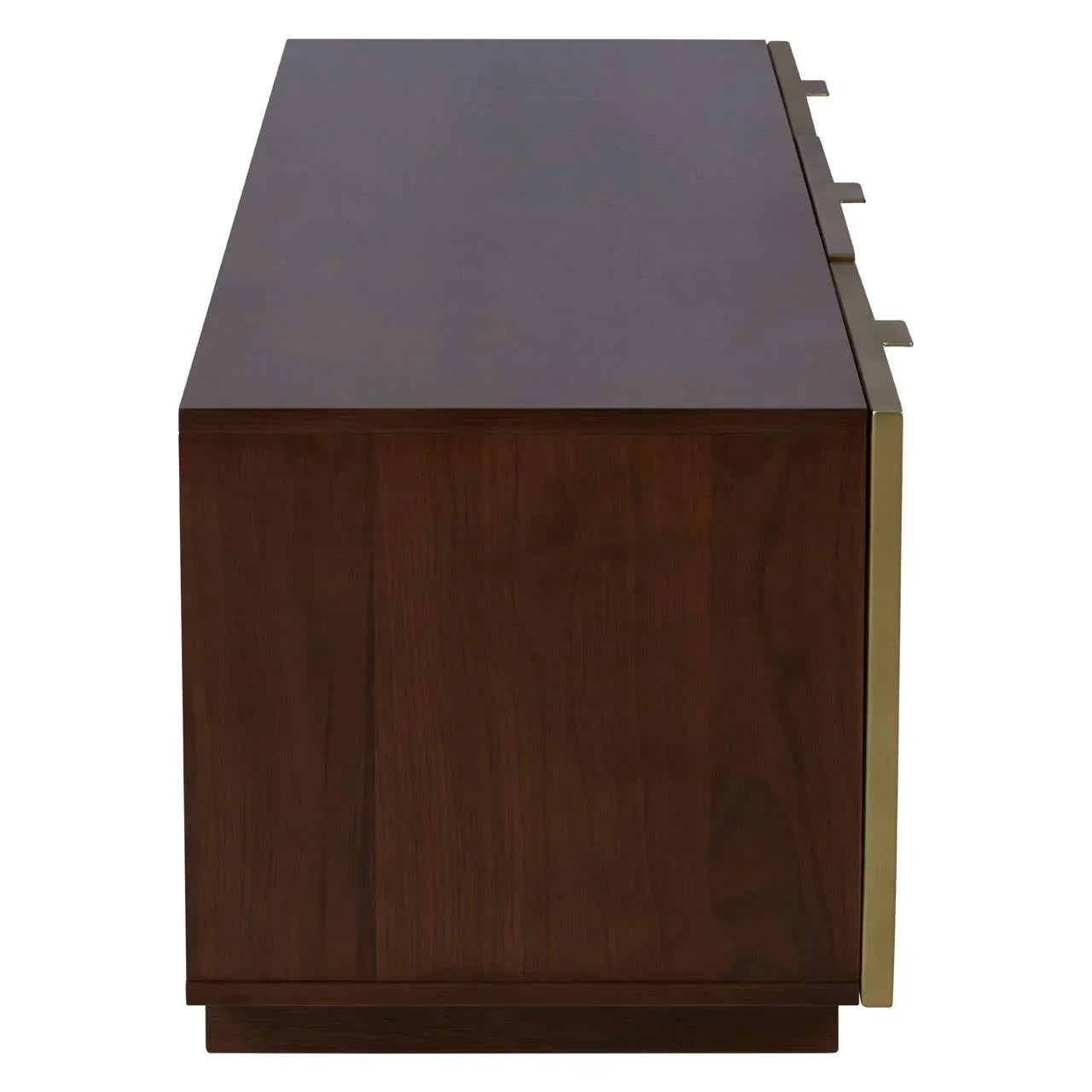 Side view of dark wood sideboard with brass accent edge and modern straight lines