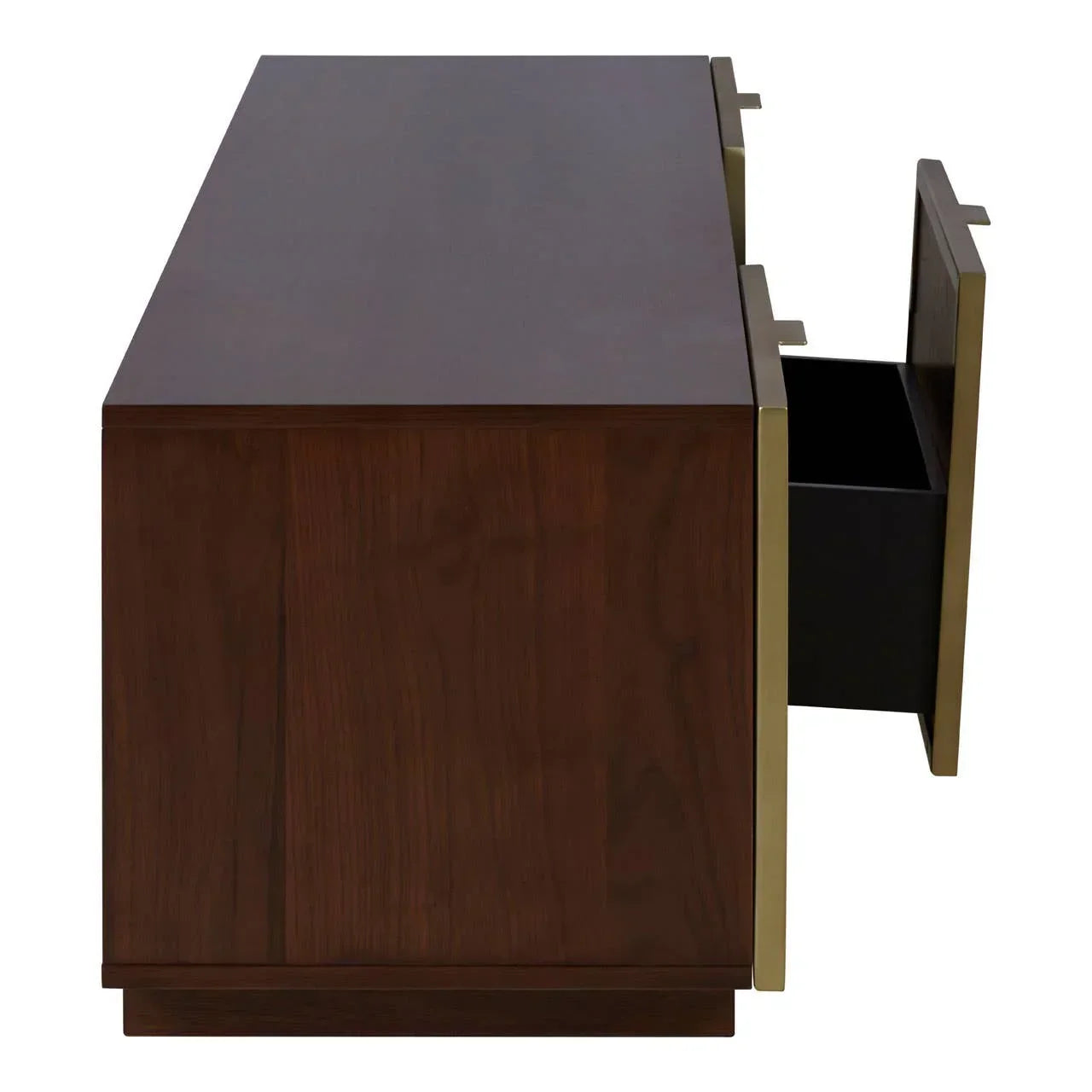 Walnut sideboard with gold trim and open drawer, side view showing wood grain finish