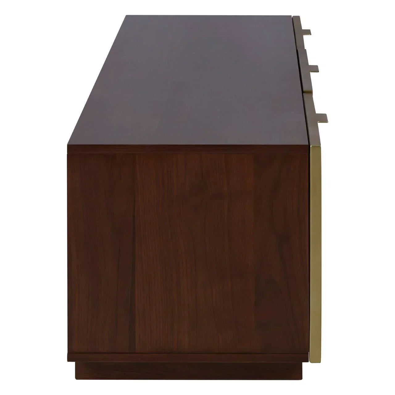 Side view of dark wood sideboard with brass accents and clean modern lines