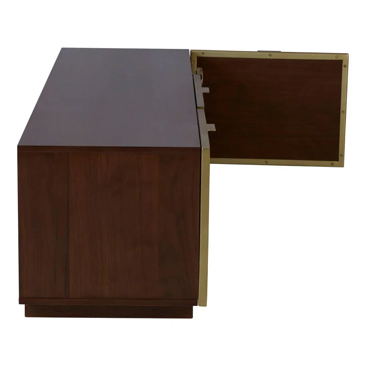 Side view of wooden sideboard with brass trim and open cabinet door
