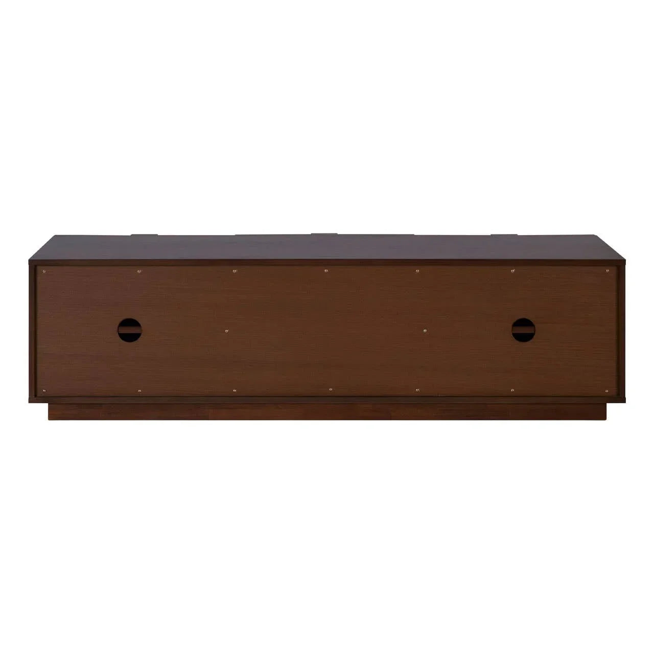 Dark wood TV unit with cable holes and clean rectangular design, rear view