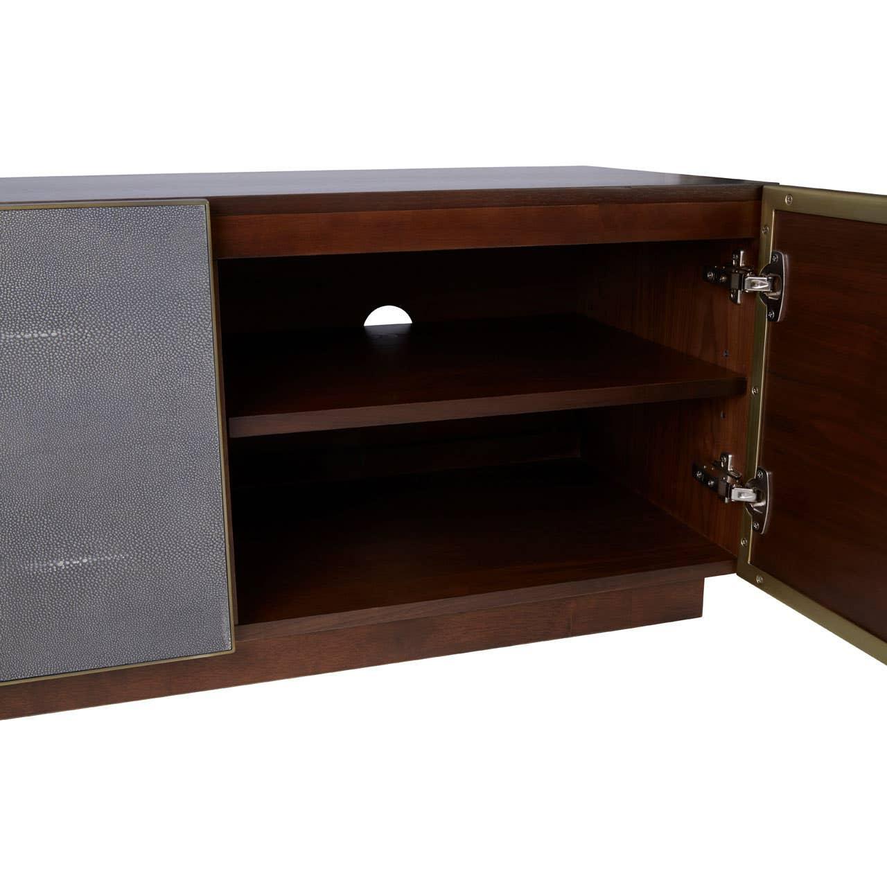Walnut wood sideboard cabinet with open door, two shelves, and cable management hole