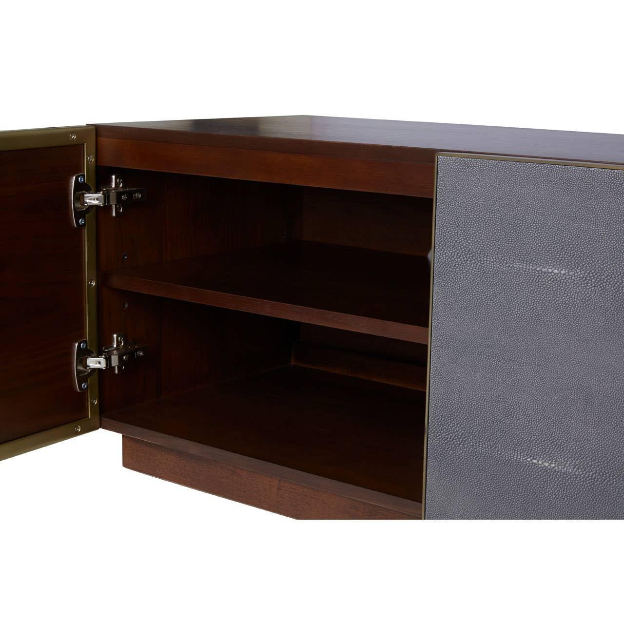 Dark wood sideboard cabinet with open door and shelf, textured grey panel detail